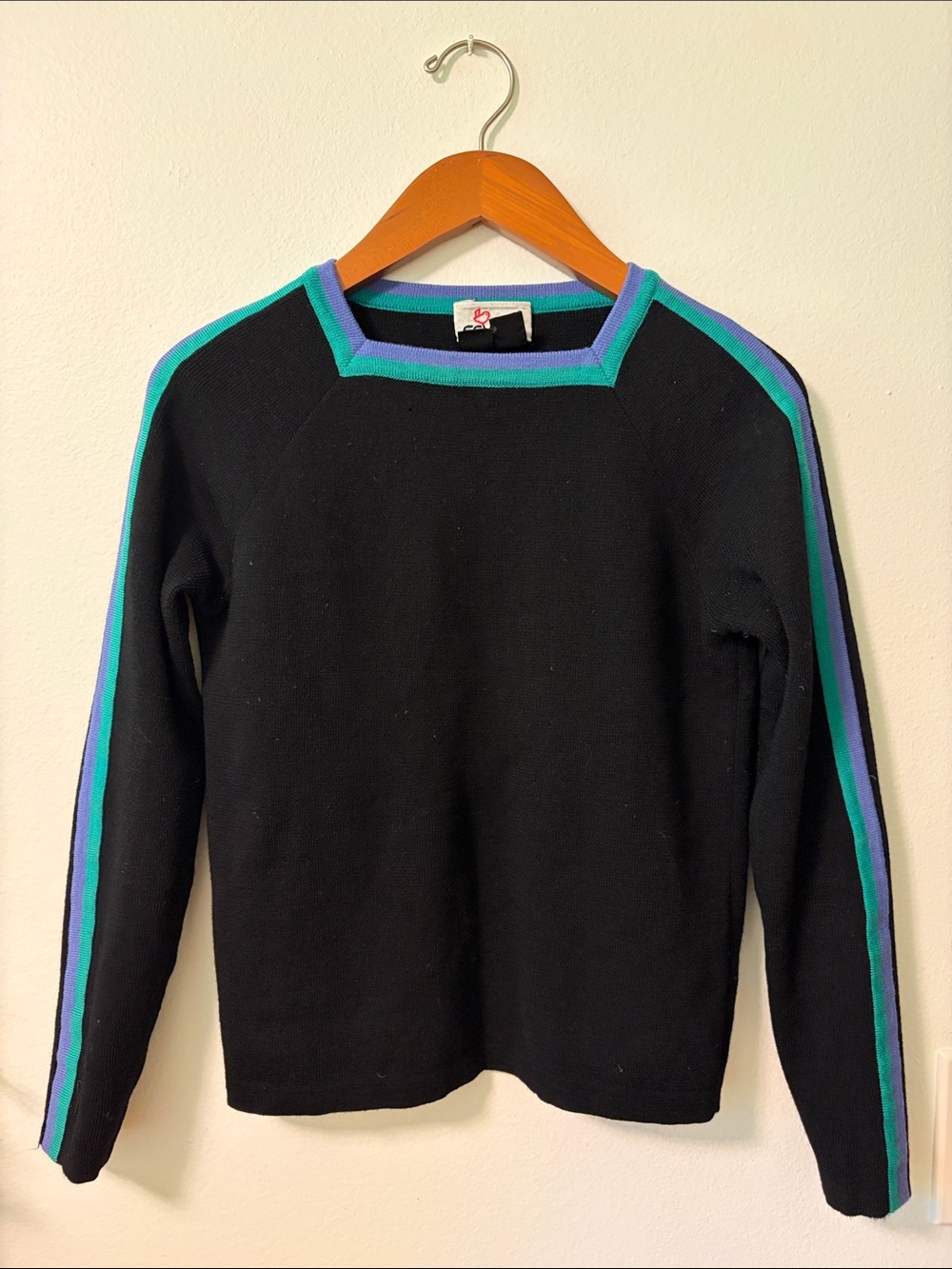 Women's Vintage Cevas Black Wool Sweater with Teal & Purple Stripe Trim